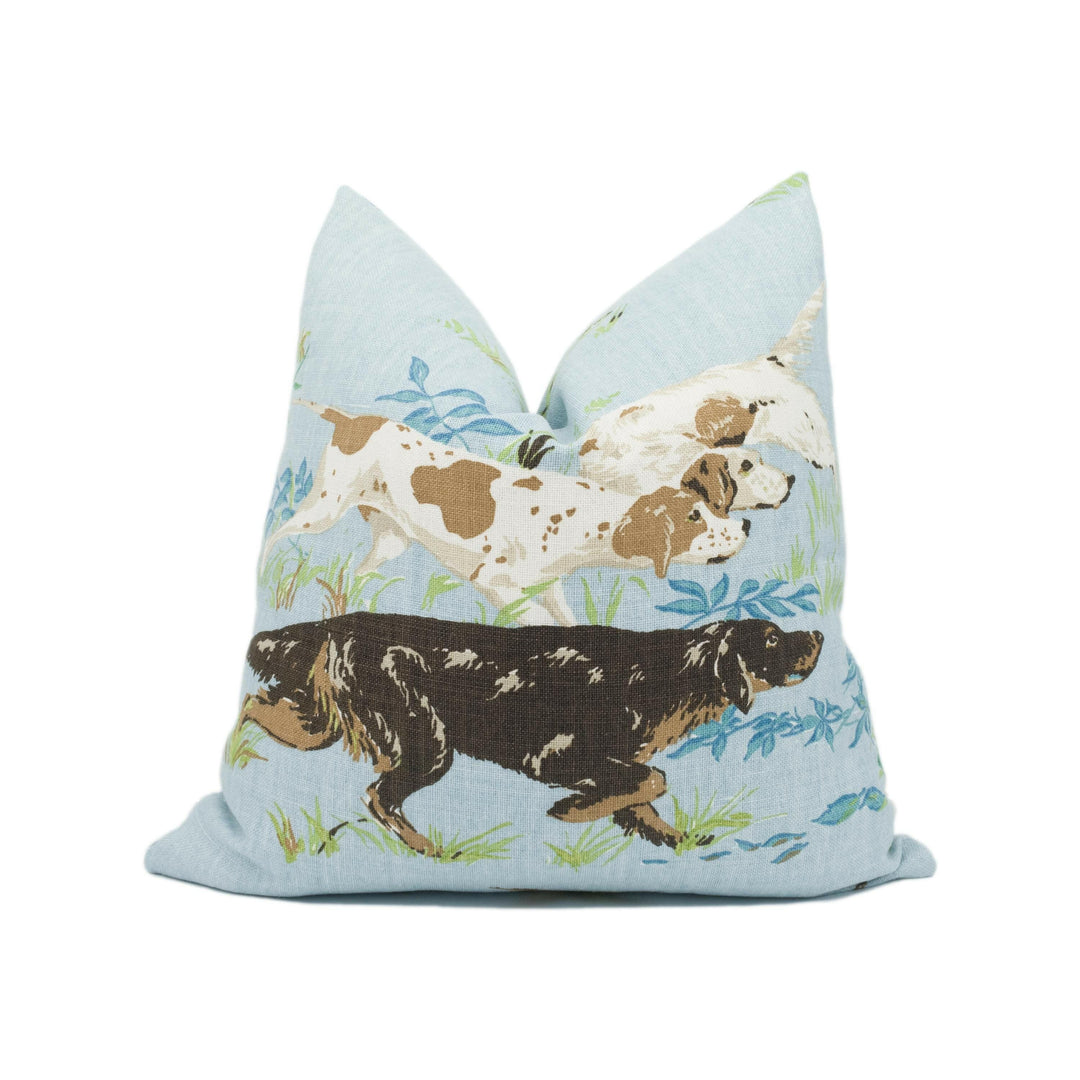 Schumacher - Pointers - Sky - Classic Hunting Dog Scene Piped Cushion Cover - Handmade Throw Pillow - Designer Home Décor.