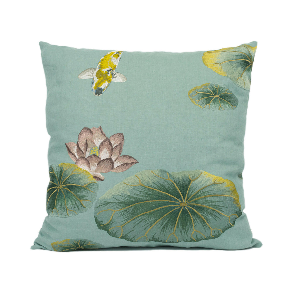 Kravet - Lotus Pond - Sage Green - Playful Embroidered Koi Floral Cushion Cover - Handmade Throw Pillow - Designer Home Décor.