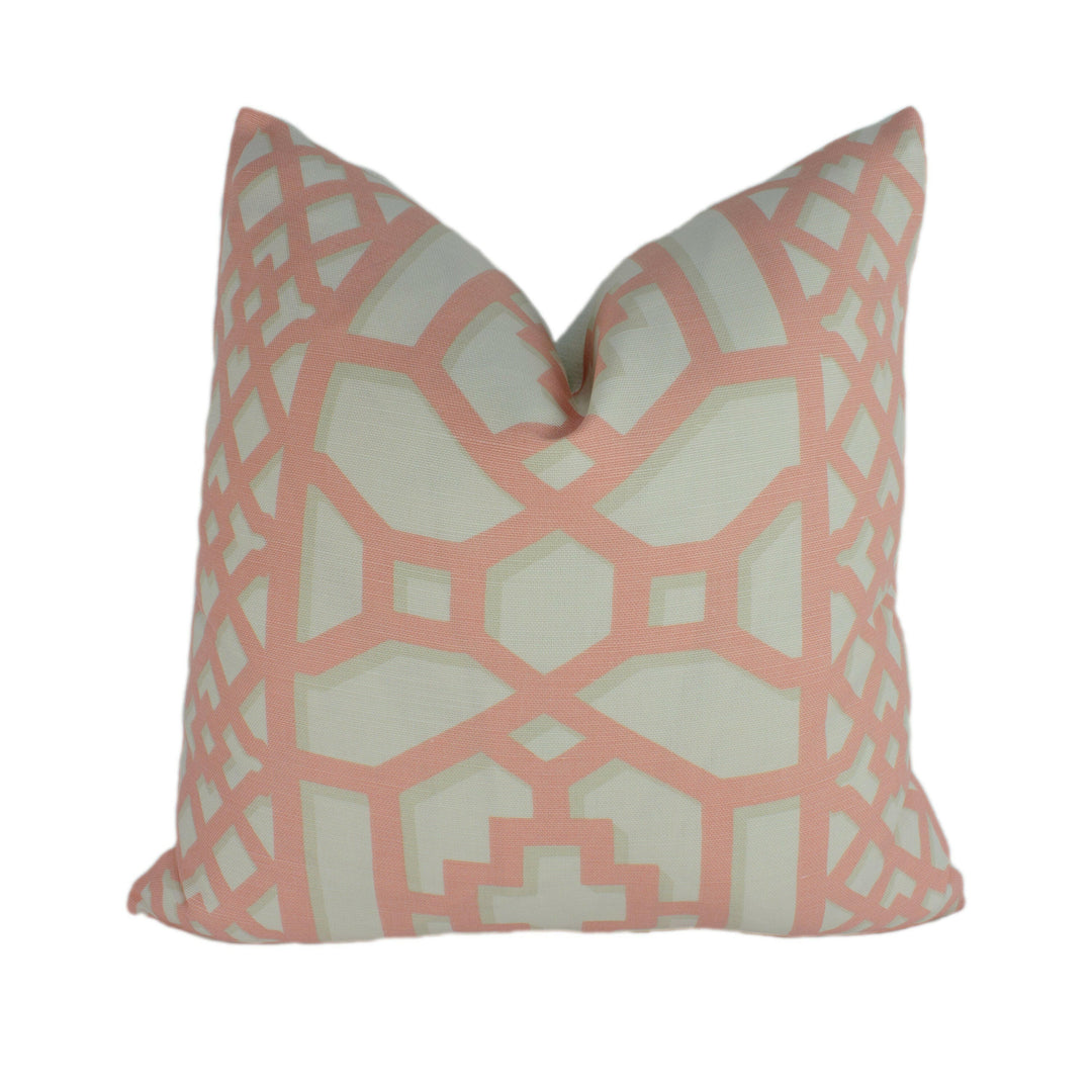 Schumacher - Zanzibar Trellis - Coral - Elsie de Wolfe Inspired Designer Cushion Cover - Handmade Throw Pillow - Luxury Home Decor.