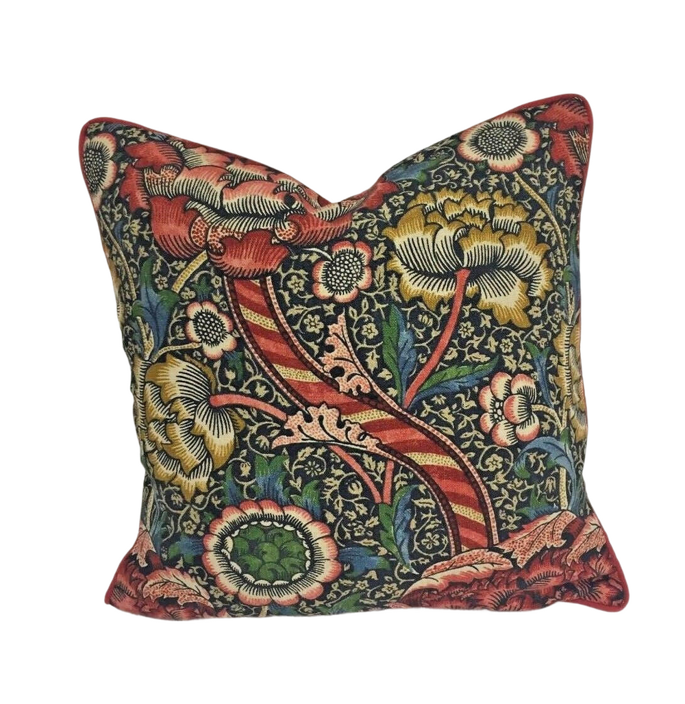 William Morris - Wandle - Indigo / Carmine - Contrast Piped Cushion Cover Throw Pillow Designer Home Decor.