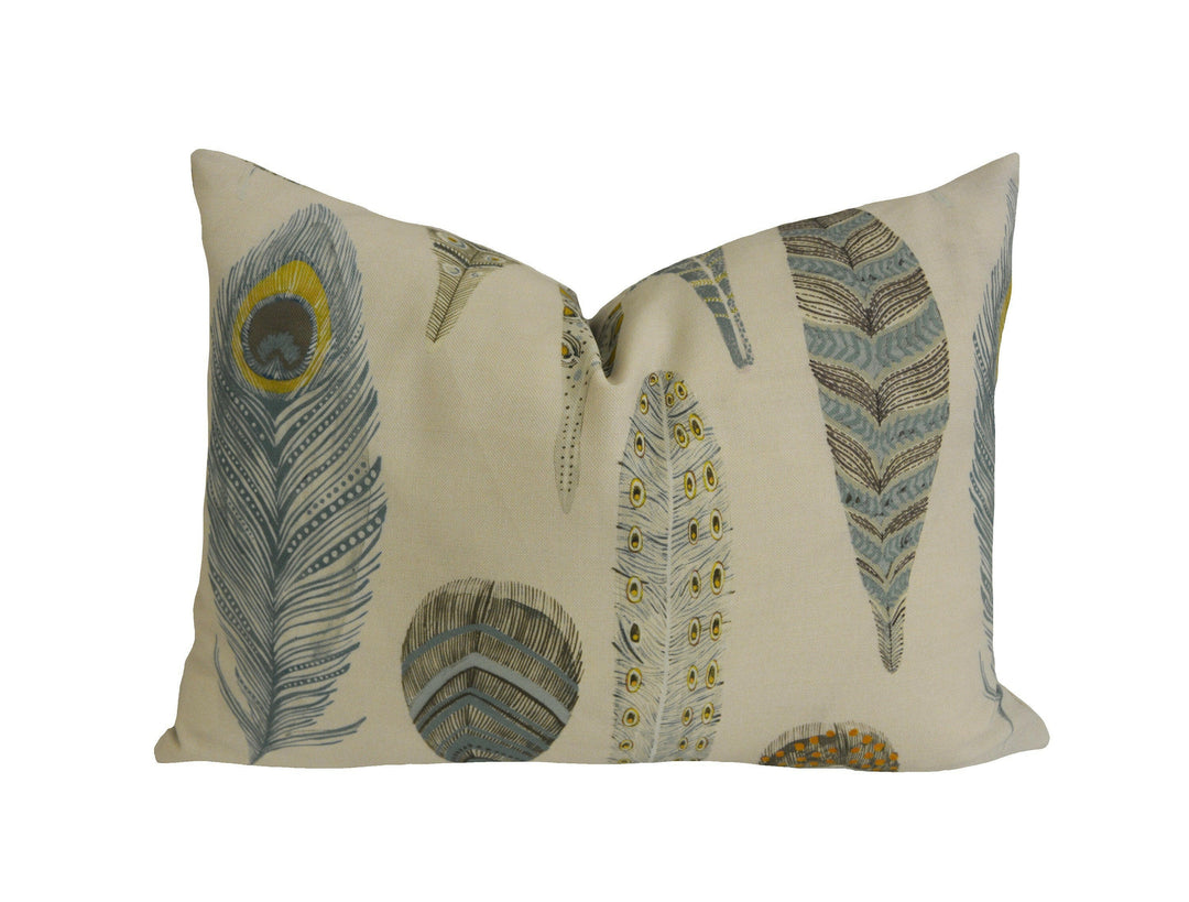 Voyage - Samui Print - Peacock - Quirky Intricate Painted Feather Cushion Cover - Handmade Throw Pillow Designer Home Decor.