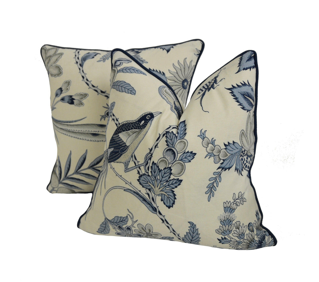 Schumacher - Campagne - Bleu & Gris - Lush Lively French Floral Designer Cushion Cover - Handmade Throw Pillow - Designer Home Decor.