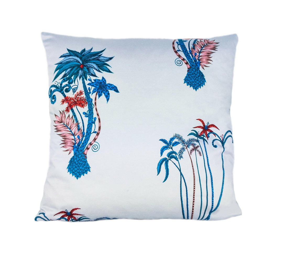 Blue & White Tropical Jungle Maximalist Designer Cushion Cover - Bold and Funky Flora and Fauna - Luxury Throw Pillow Handmade Home Decor.