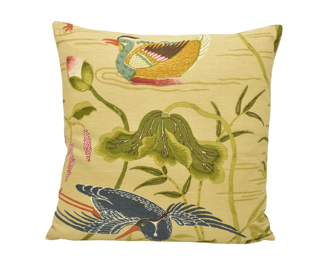 Schumacher - Lotus Garden - 1920's Japanese Designer Cushion Cover - Groovy Neutral Floral Pillow - Oriental Bird Pillow Floral Fauna Decor.