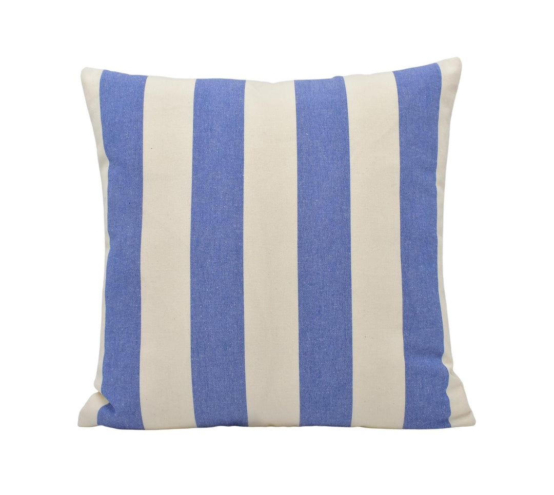a blue and white striped pillow on a white background