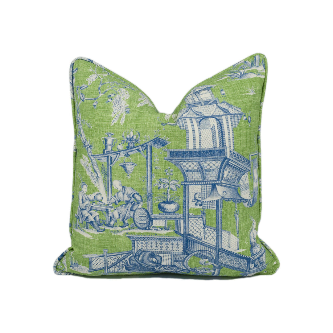 Thibaut - Cheng Toile - Green and Blue - Sophisticated Modern Chinoiserie Cushion Cover - Designer Home Décor Handmade Throw Pillow.