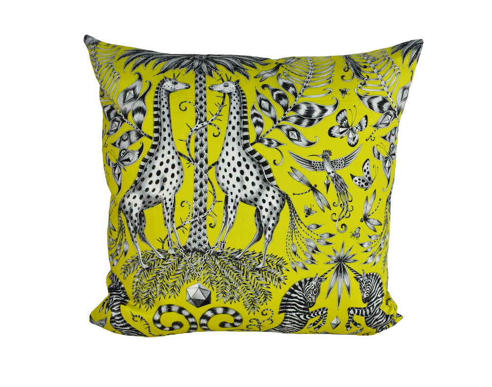 Lime Funky Maximalist Fantasy Giraffes and Zebras  - Bold Flora and Fauna Designer Cushion Cover - Luxury Throw Pillow - Handmade Home.
