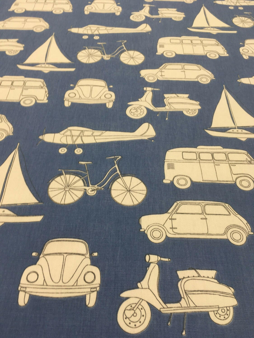 Fryetts 'Automobiles' Dark Blue Designer Fabric - Buy Per Metre.