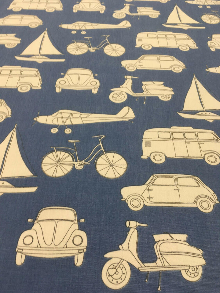 Fryetts 'Automobiles' Dark Blue Designer Fabric - Buy Per Metre.
