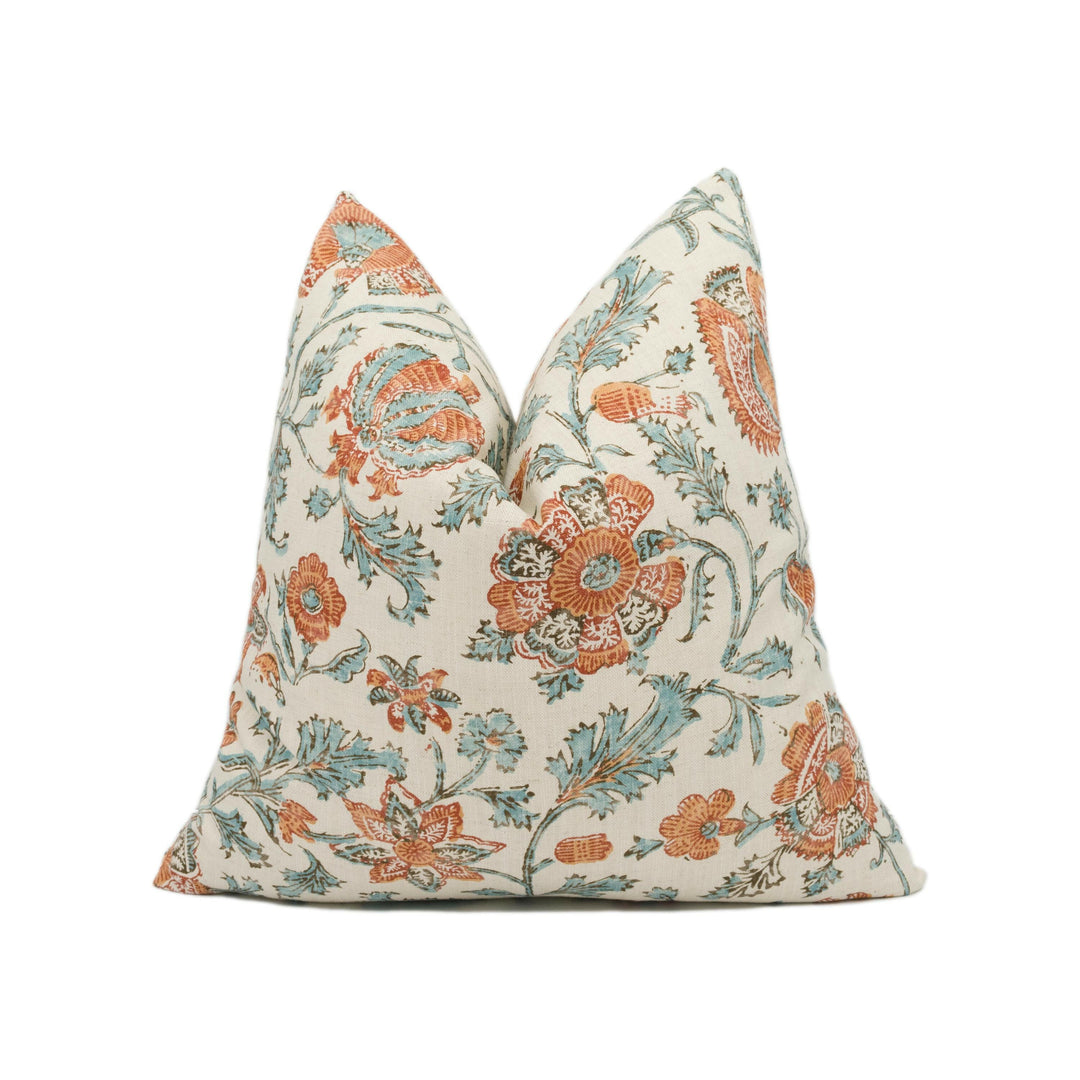 Lisa Fine Textiles - Zahra - Apricot / Teal - Pretty Classic Style Floral Cushion Cover - Handmade Throw Pillow - Designer Home Décor.
