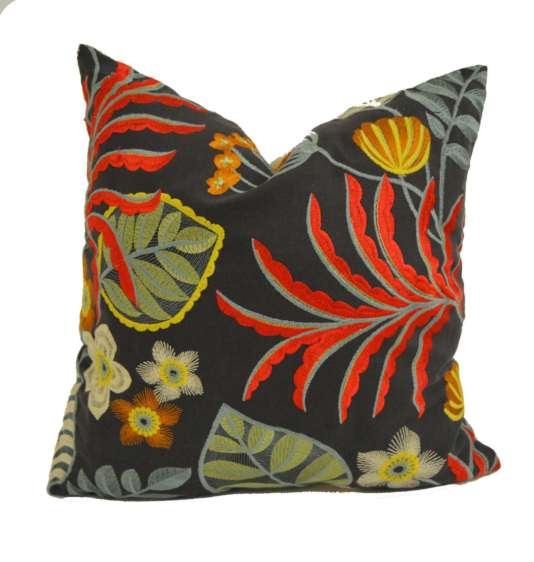 Jane Churchill - Samba - Charcoal - Designer Tropical Embroidered Cushion Cover - Handmade Home Decor Luxury Throw Pillow.