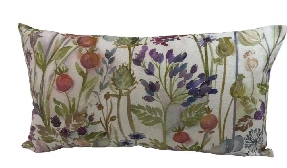Voyage - Country Hedgerow - Cream - Rustic Watercolour Floral Meadow Cushion Cover - Handmade Throw Pillow - Traditional Designer Home Decor.