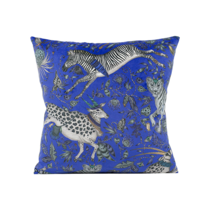 Blue Funky Maximalist African Floral and Fauna  - Bold Tiger and Zebra Wildlife Designer Cushion Cover - Luxury Throw Pillow - Handmade.