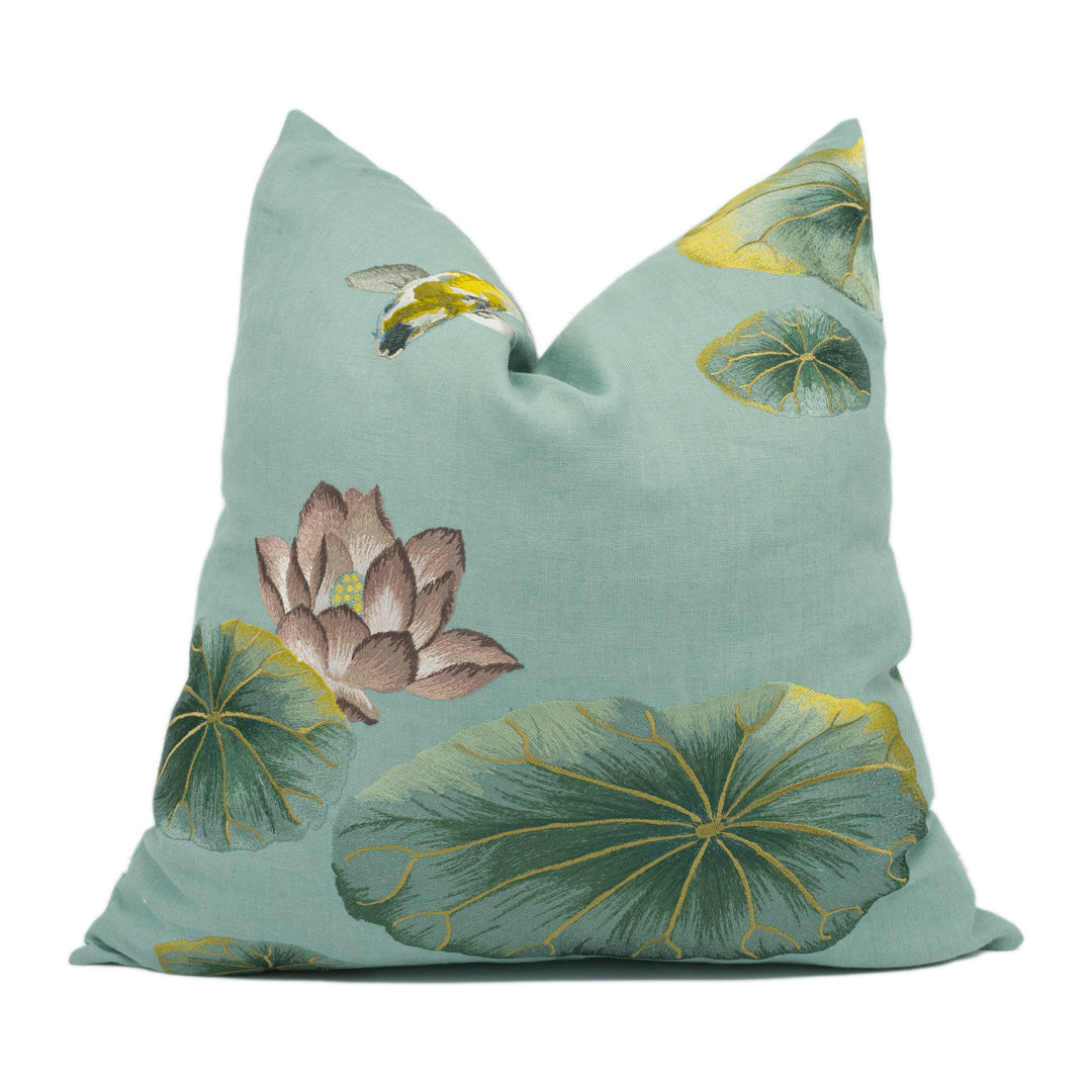 Kravet - Lotus Pond - Sage Green - Playful Embroidered Koi Floral Cushion Cover - Handmade Throw Pillow - Designer Home Décor.