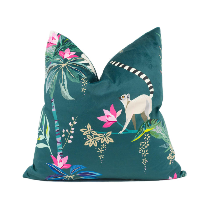 Lemur Teal Velvet Designer Cushion Cover - Luxury Velvet Throw Pillow - Tropical Fantasy Maximalist Pillow Cover - Custom Handmade Pillow.