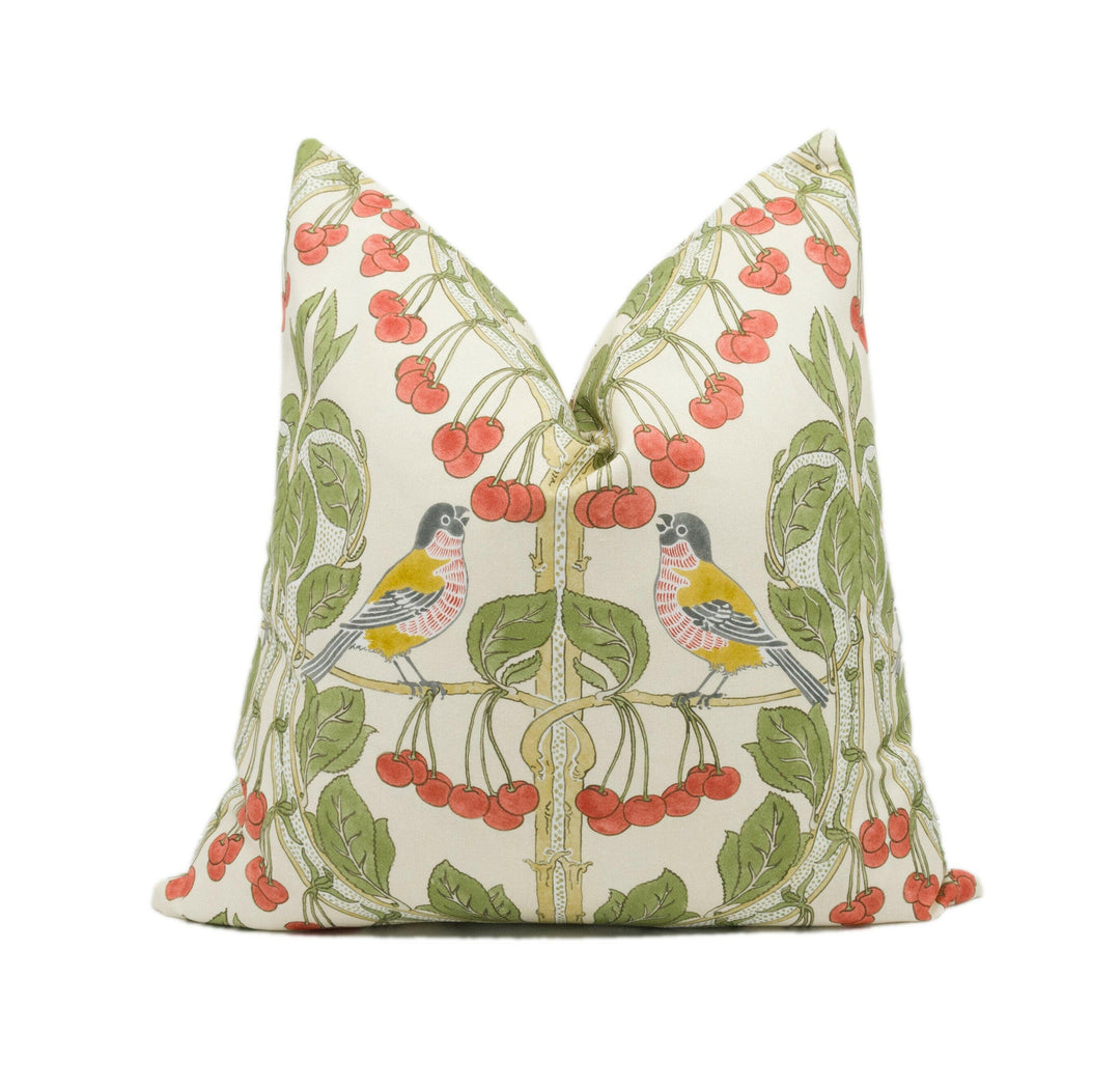 GP and J Baker - Birds & Cherries - Red / Green - Charming Floral Bird Designer Cushion Cover  - Luxury Throw Pillow - Handmade Home Décor.