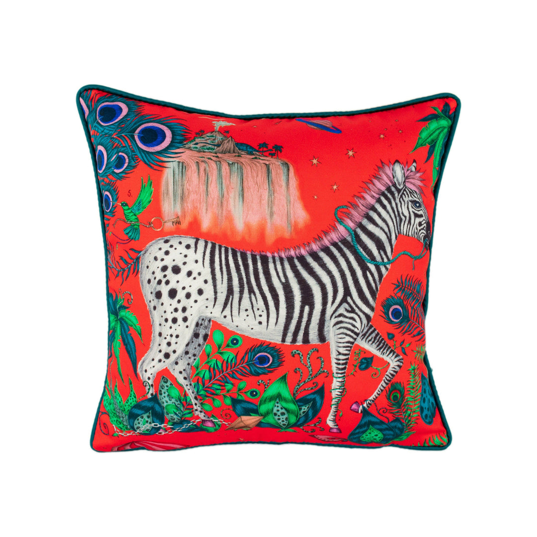 Funky Bold Red Maximalist Fantasy & Mythical Animal Contrast Piped Designer Cushion Cover - Luxury Throw Pillow - Handmade Home Lost World.