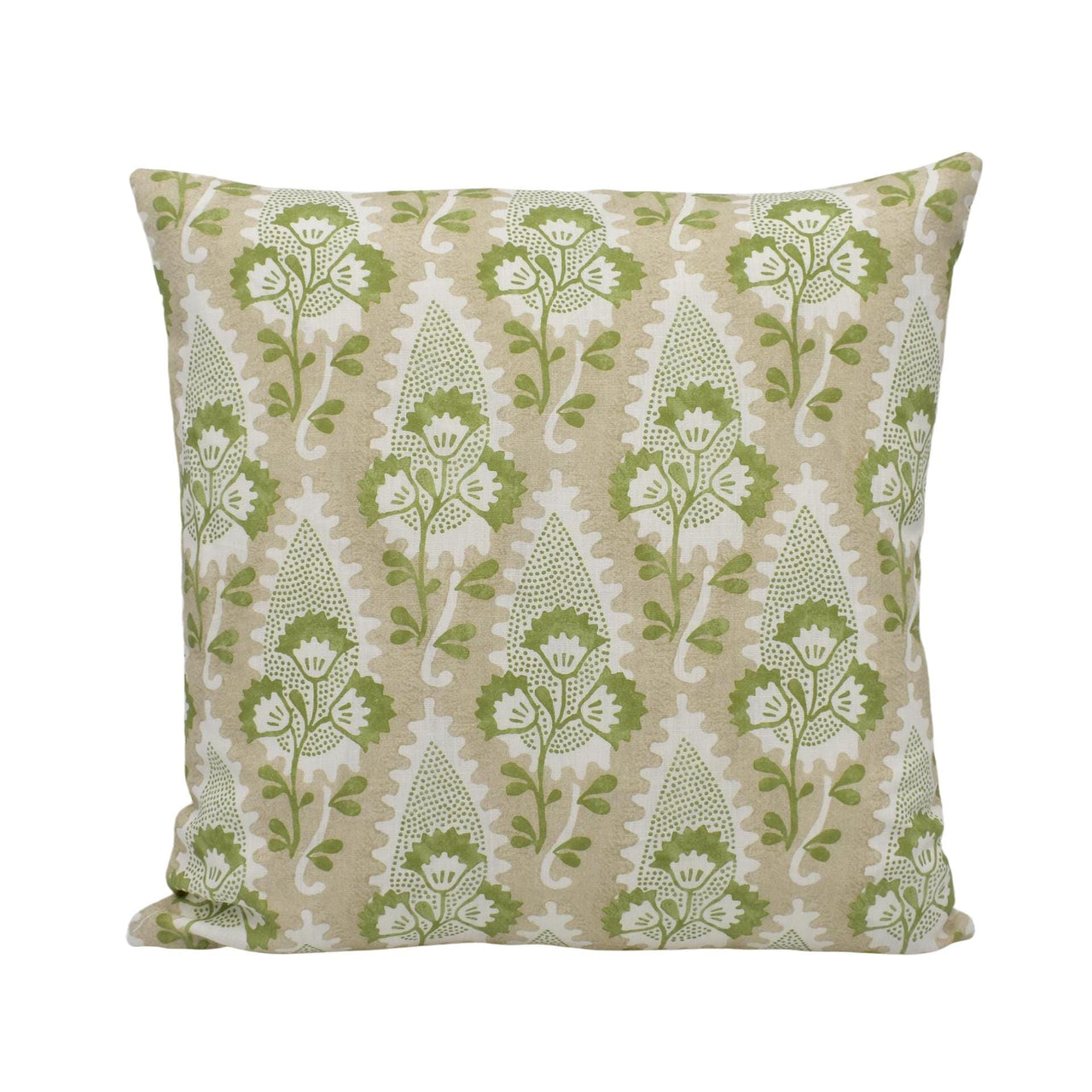 a green and white pillow on a white background