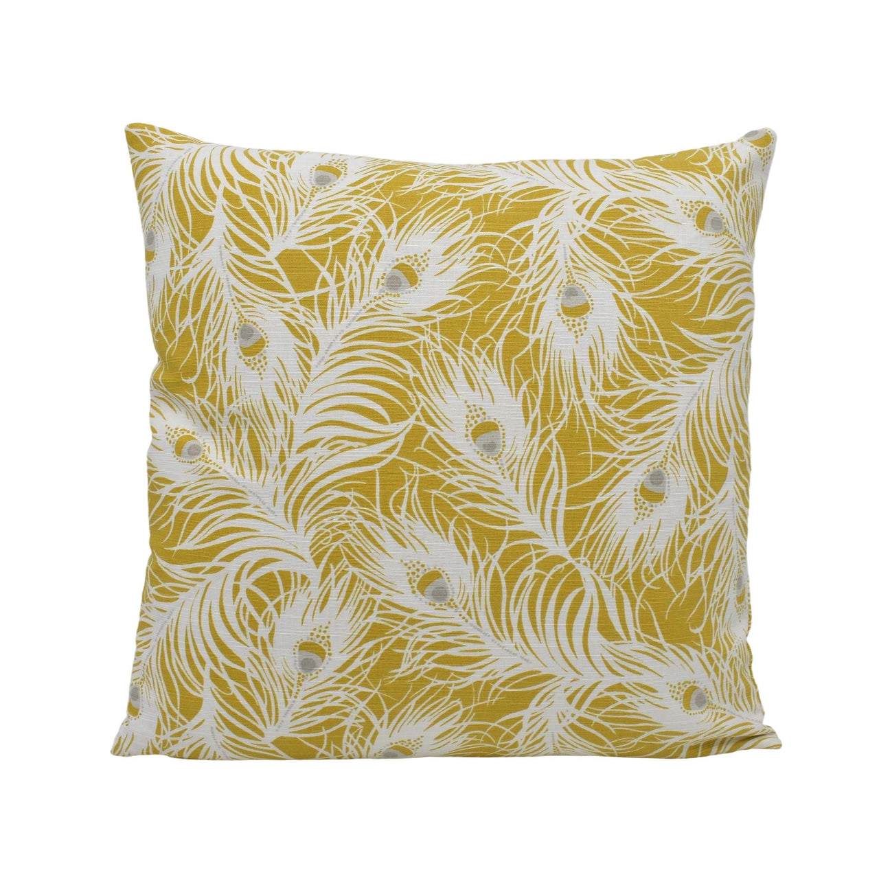 a yellow pillow with white feathers on it