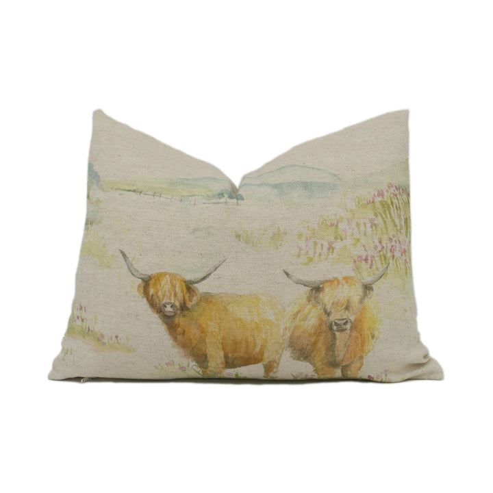 Voyage - Highland Cattle - Linen - Cute Countryside Cow Cushion Cover - Handmade Throw Pillow - Designer Home Décor.