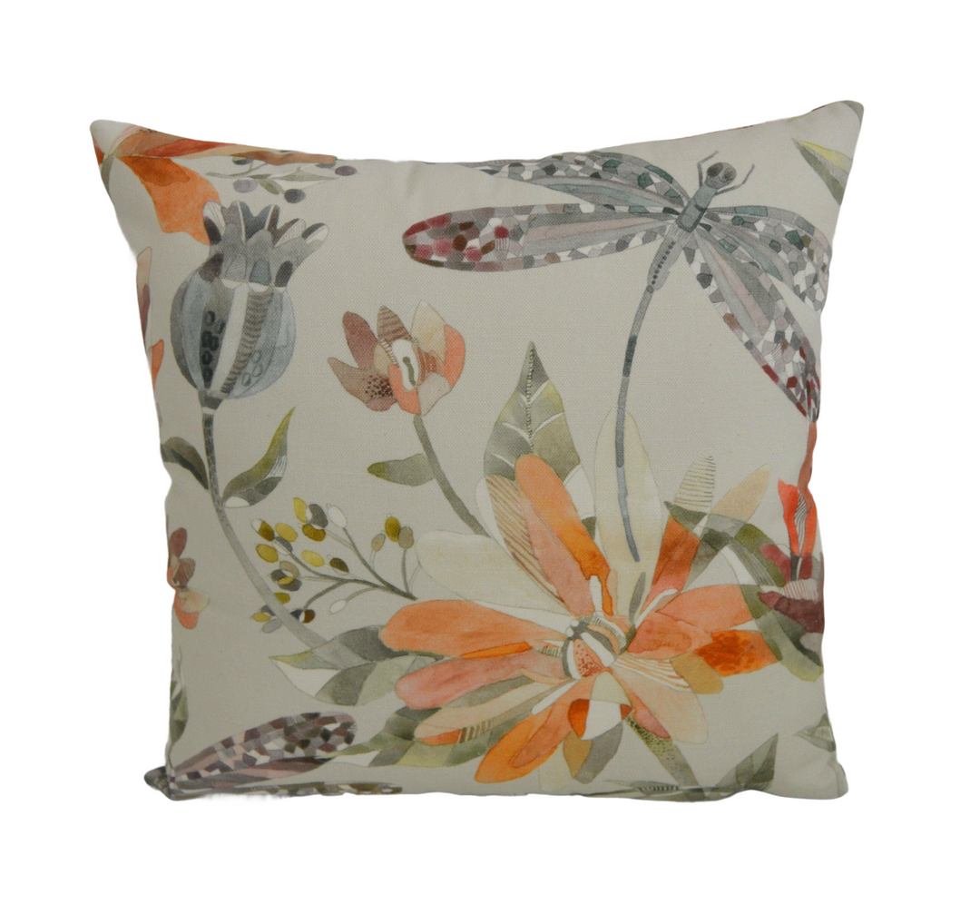 Voyage - Volatus - Cinnamon - Delicate Dragonflies & Abundant Floral Cushion Cover - Handmade Throw Pillow Designer Home Decor.