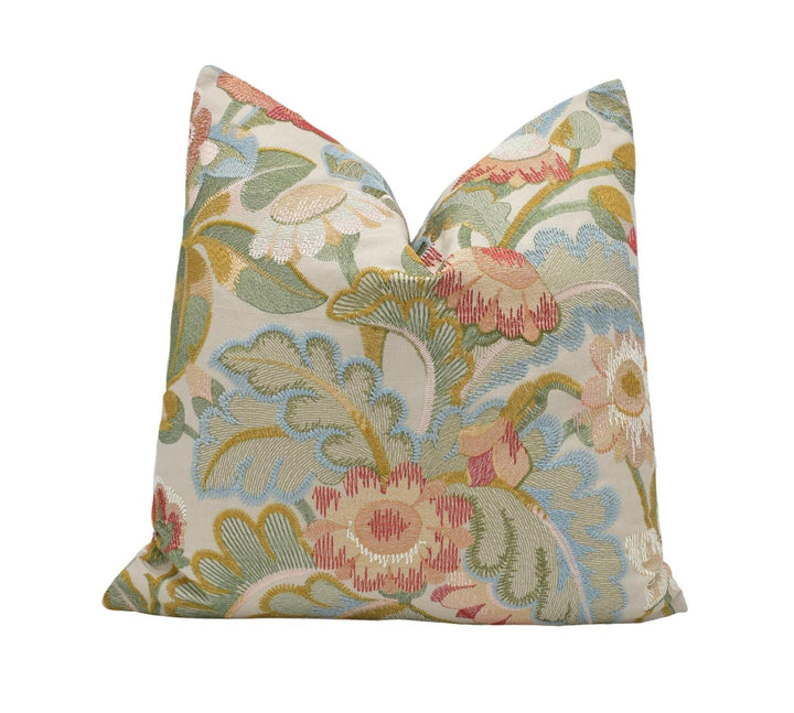 Colefax and Fowler - Tapestry Flowers - Coral - Unique Embroidered Floral Cushion Cover - Custom Arts and Crafts Pillow Cover - Colourful.