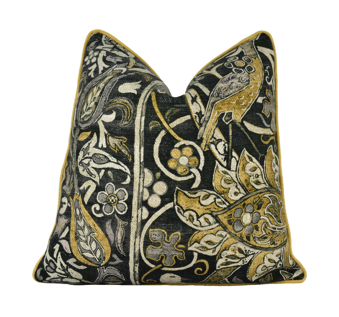 William Morris - Bullerswood - Charcoal / Mustard - Contrast Piped Cushion Cover Pillow Throw Designer Home Decor.