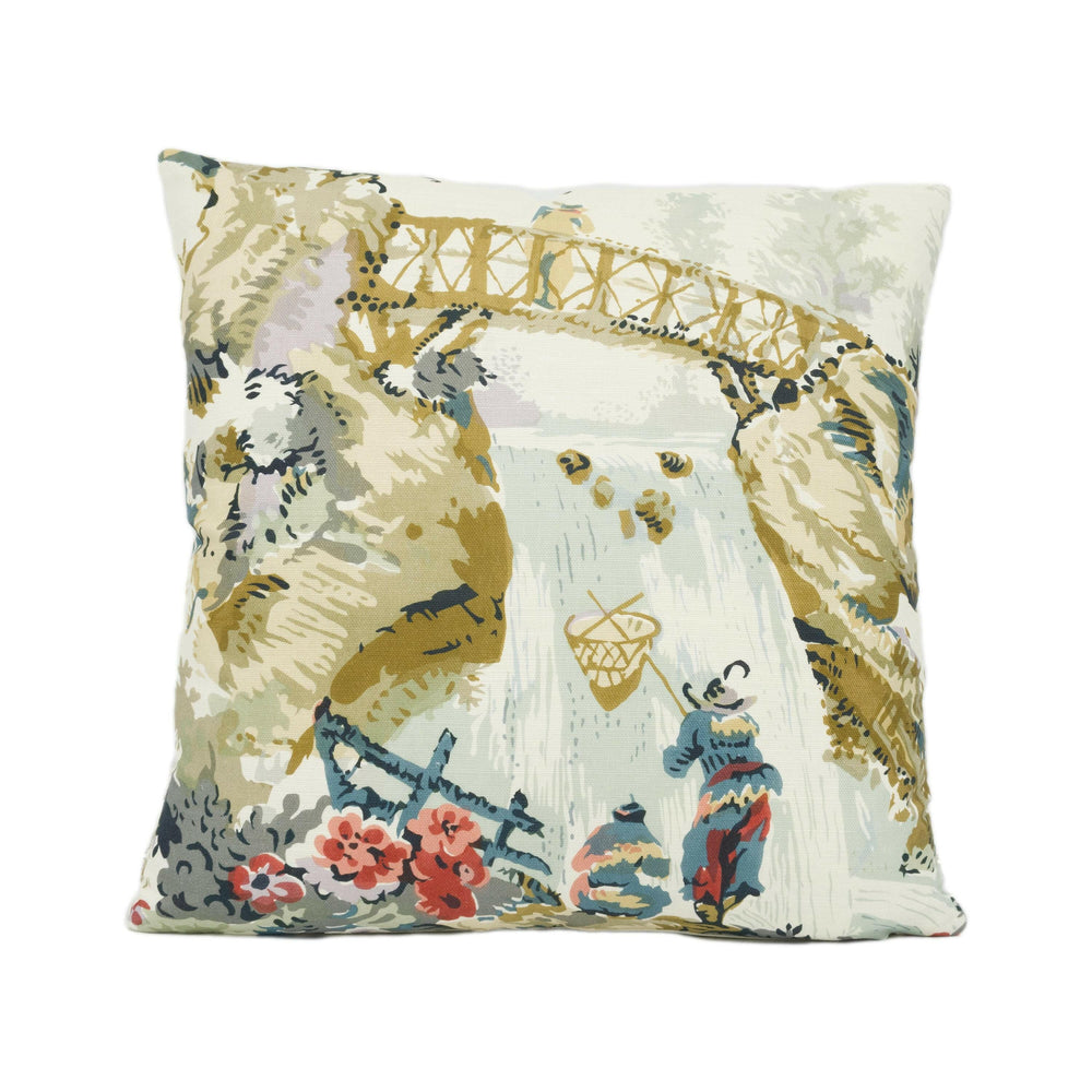 Thibaut - Moorea - Cream on Coral - 17th Century Block Print Cushion Cover - Asian Fishing Waterfall Throw Pillow - Exotic Forest Pillow.