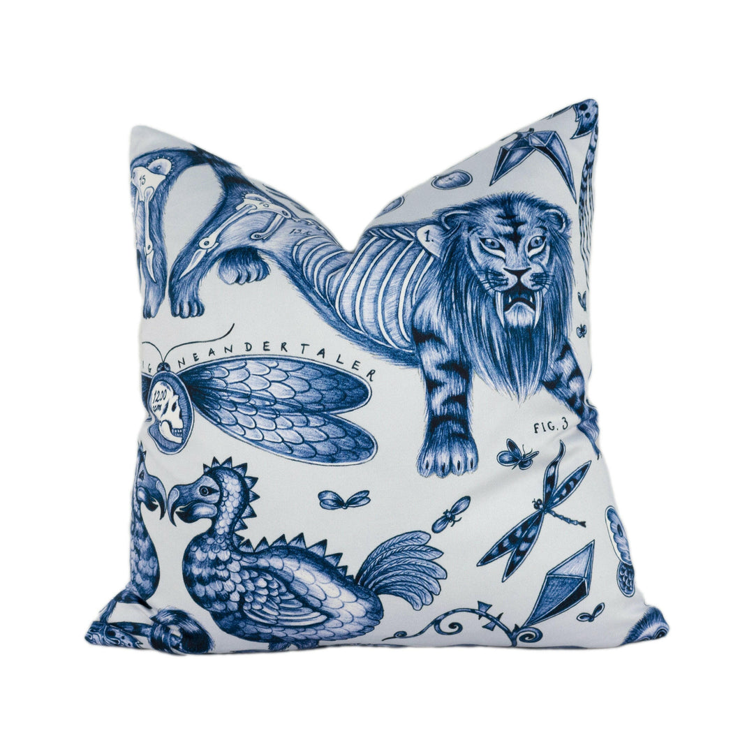 Blue & White Bold Maximalist Monkey Lion Fantasy Designer Cushion Cover - Bold Flora and Fauna Luxury Throw Pillow - Funky Handmade Decor.