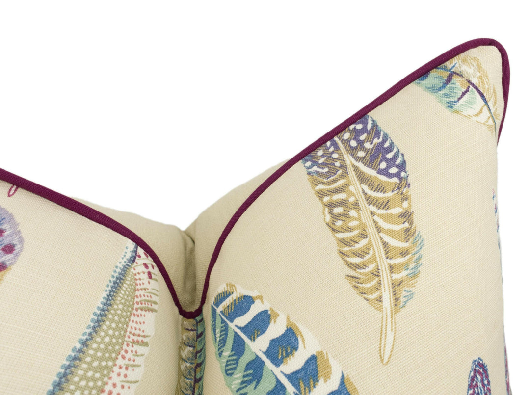 Sanderson - Lismore - Mulberry / Fig - Elegant Partridge Feather Designer Cushion - Geometric Colourful Throw Pillow - Purple Beige Pillow.