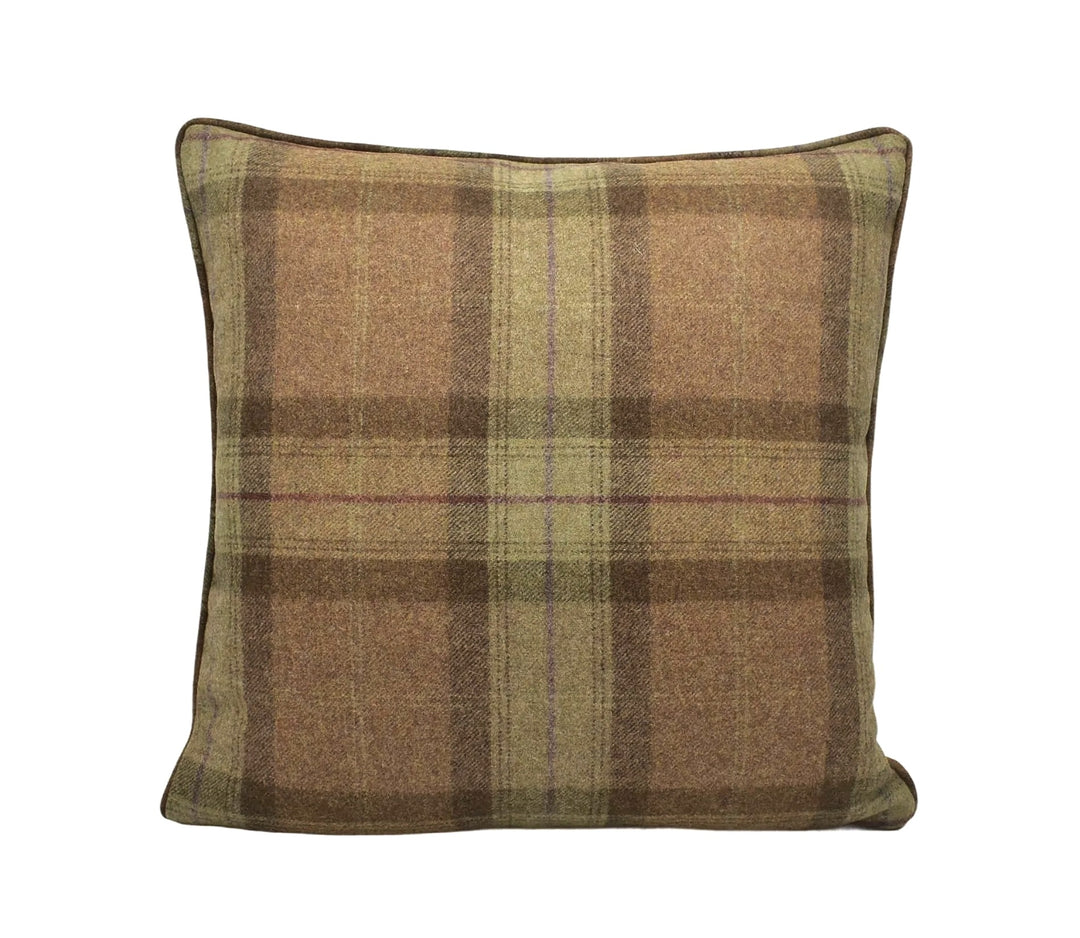 A square throw pillow with a plaid pattern in shades of brown and beige.
