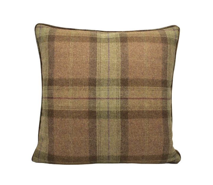 A square throw pillow with a plaid pattern in shades of brown and beige.