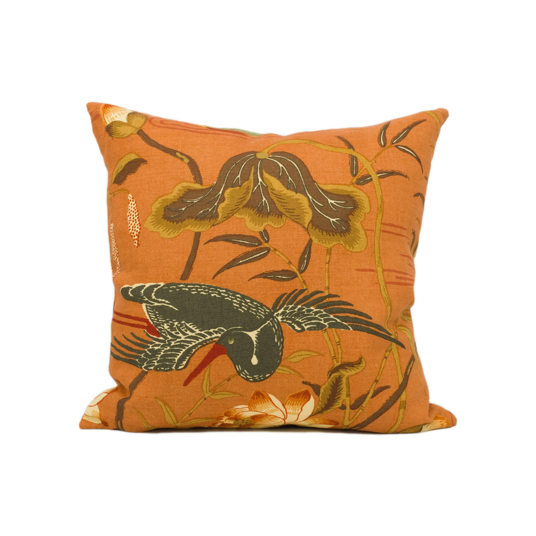 Schumacher - Lotus Garden - Lacquer - 1920's Japanese Designer Cushion Cover - Groovy Orange Floral Pillow - Oriental Bird Throw Pillow.