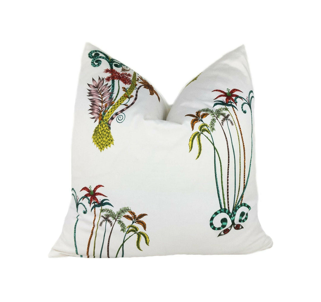 White & Green Tropical Jungle Maximalist Designer Cushion Cover - Bold and Funky Flora and Fauna - Luxury Throw Pillow Handmade Home Decor.