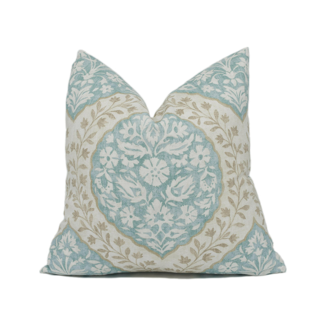 Nina Campbell - Marguerite - Aqua / Taupe -  Floral Cartouche Trellis Cushion Cover - Handmade Throw Pillow - Designer Home Décor.