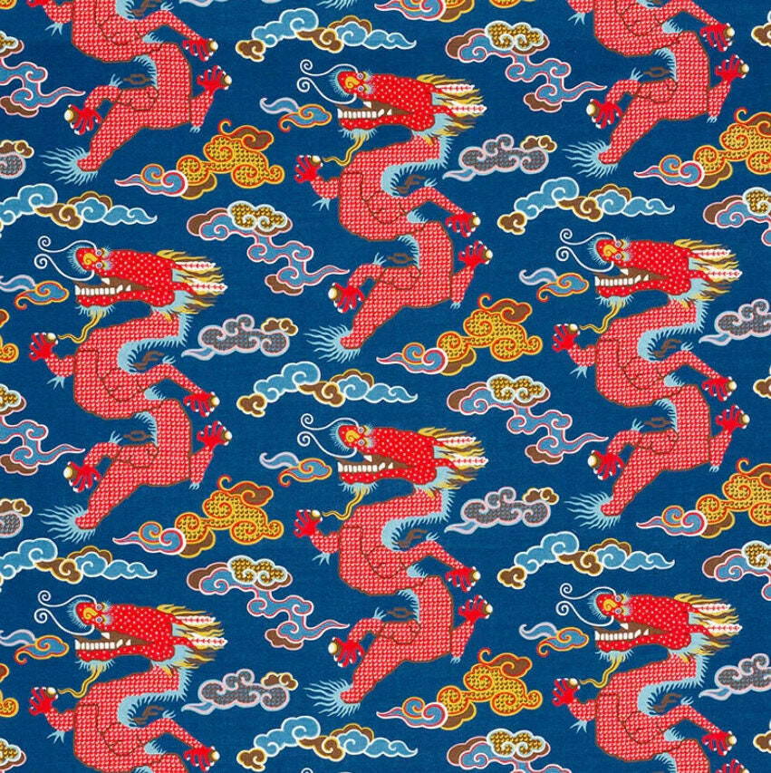 Schumacher - Magical Ming Dragon - Navy - Fantastical Tibetan Inspired Designer Cushion Cover - Handmade Throw Pillow - Luxury Home Decor.