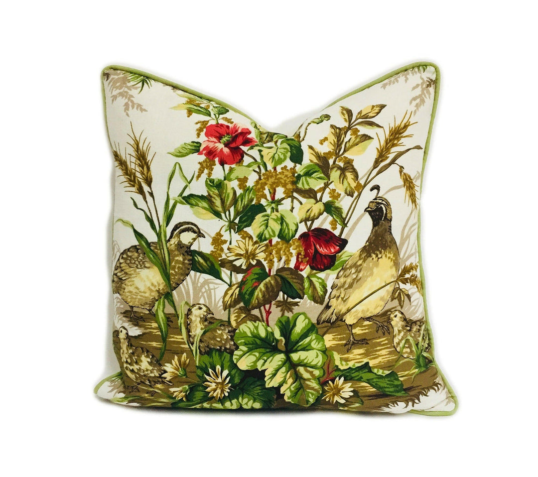 Scalamandre - Edwin's Covey - Multi on White - Traditional Quail Family Designer Cushion Cover - Luxury Throw Pillow - Handmade Home Decor.