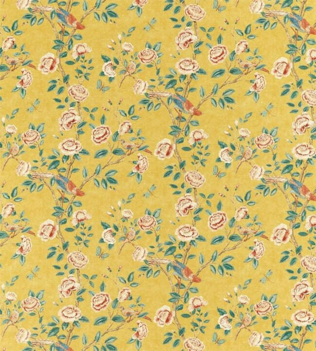 Sanderson - Andhara - Saffron / Teal - Classic Flora and Fauna Chinoiserie Designer Cushion Cover - Luxury Throw Pillow - Handmade Home Déco.