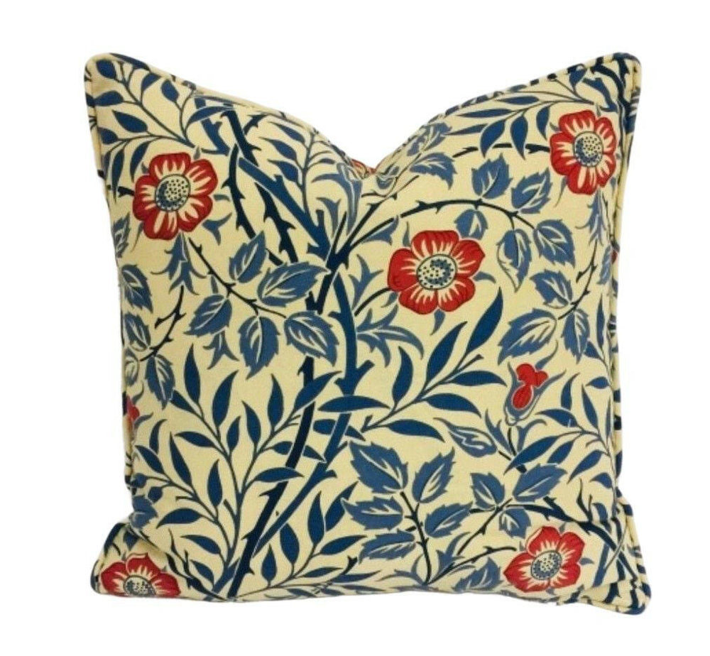 William Morris - Sweet Briar - Indigo / Red - Bittersweet Rose & Thorns Classic Morris Designer Cushion Cover - Luxury Throw Pillow Handmade.