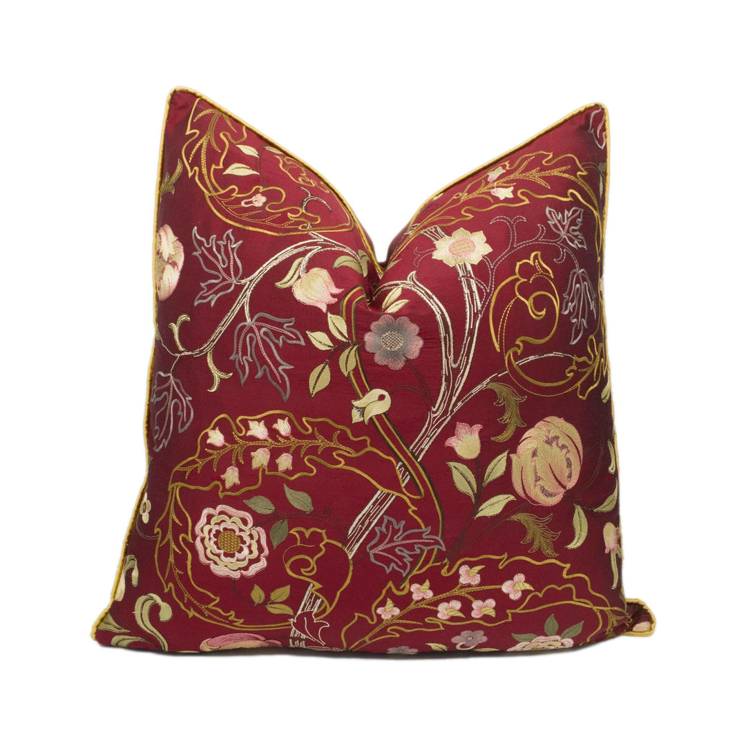 William Morris - Mary Isobel Embroideries - Wine / Rose - Contrast Piped Cushion Cover Throw Pillow Designer Home Decor.