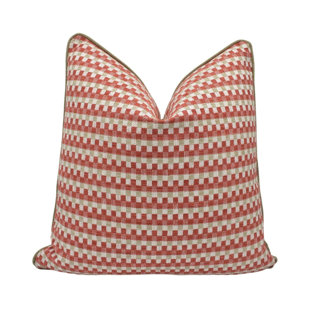 Clarke & Clarke - Pano - Spice - Tonal Square Check Designer Cushion Cover - Red Textured Weave Pillow Cover - Beige Boucle Style Pillow.