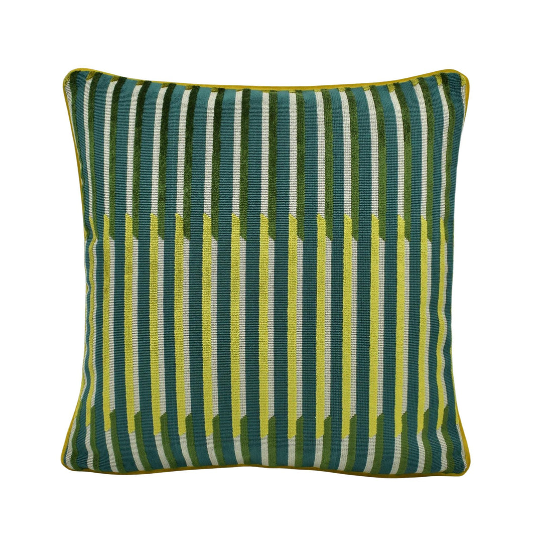 A square throw pillow with a striped pattern in shades of green and yellow.