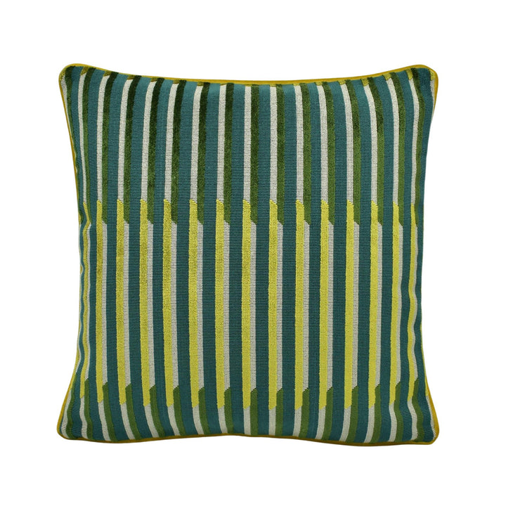 A square throw pillow with a striped pattern in shades of green and yellow.