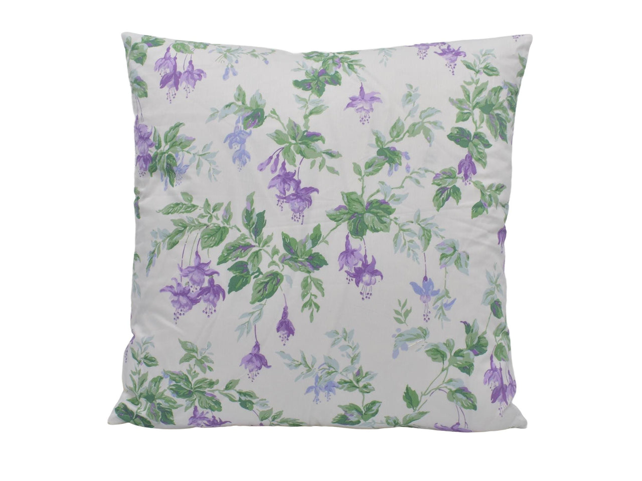 a white pillow with purple and green flowers on it