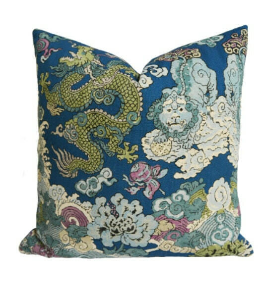Schumacher - Magic Mountain Dragon - Blue - Fantastical Exotic Statement Cushion Cover - Handmade Throw Pillow - Luxury Home Decor.