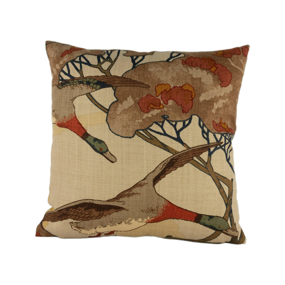Mulberry - Flying Ducks - Stone / Brown - Majestic Mallard Duck Art Deco Designer Cushion Cover - Luxury Throw Pillow - Handmade Home Decor.