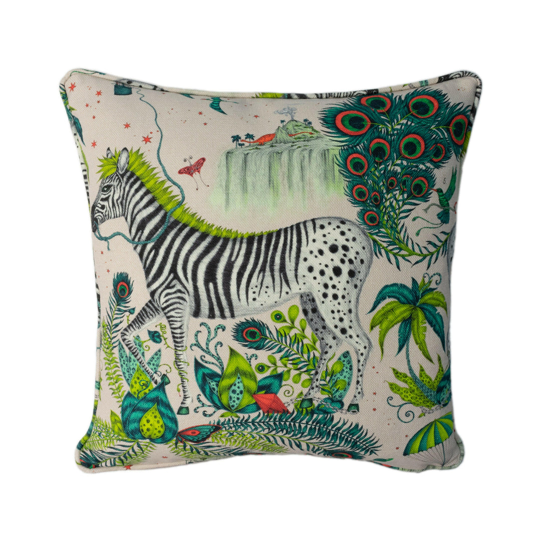 Green Jungle Maximalist Zebra Designer Cushion Cover - Bold and Funky Linen Flora and Fauna - Luxury Throw Pillow Handmade Home Decor.