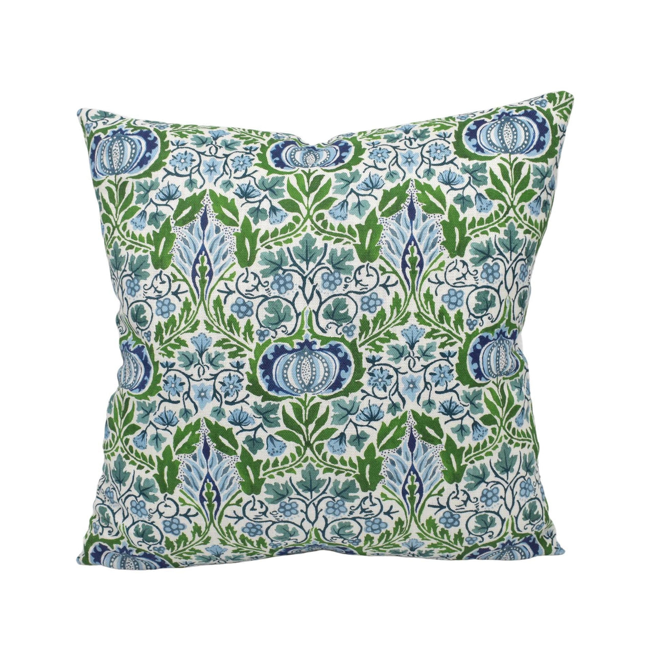 a blue and green pillow on a white background