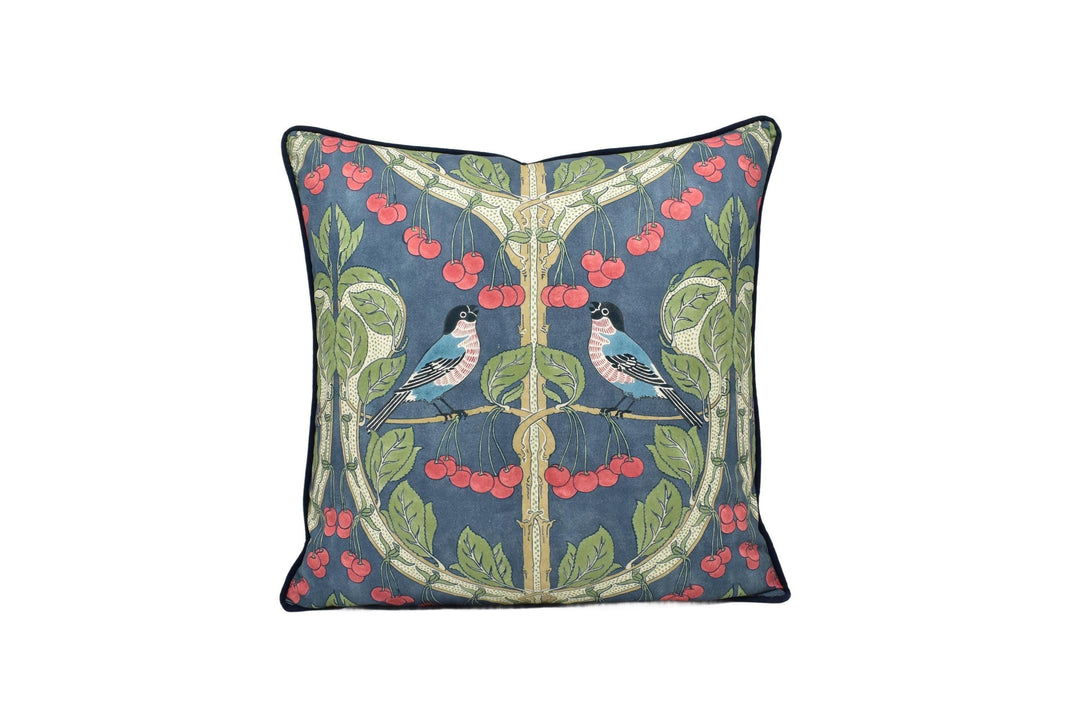 GP and J Baker - Birds & Cherries - Indigo - Charming Espalier Cherry Tree English Garden Designer Cushion Cover - Handmade Throw Pillow.