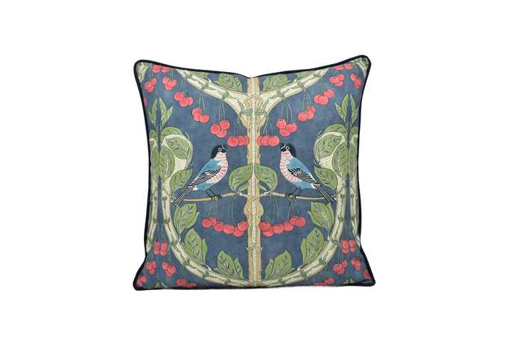 GP and J Baker - Birds & Cherries - Indigo - Charming Espalier Cherry Tree English Garden Designer Cushion Cover - Handmade Throw Pillow.